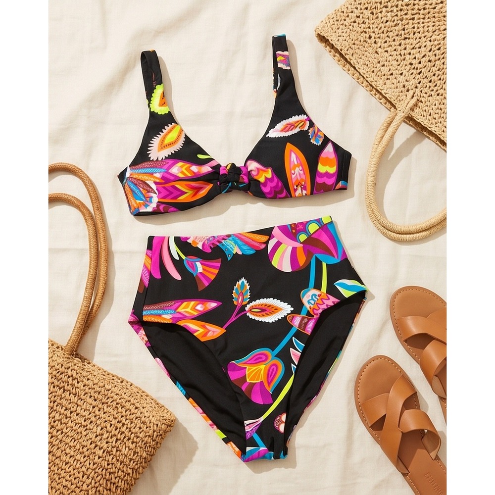 Psychedelic Floral High Waisted Bikini Set Black Multi Color Knotted Top‎